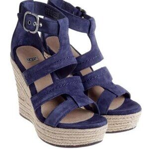 UGG LAURI BLUE LEATHER ESPADRILLE PLATFORM WEDGE COMFORT SANDALS SZ 8.5 NIB!